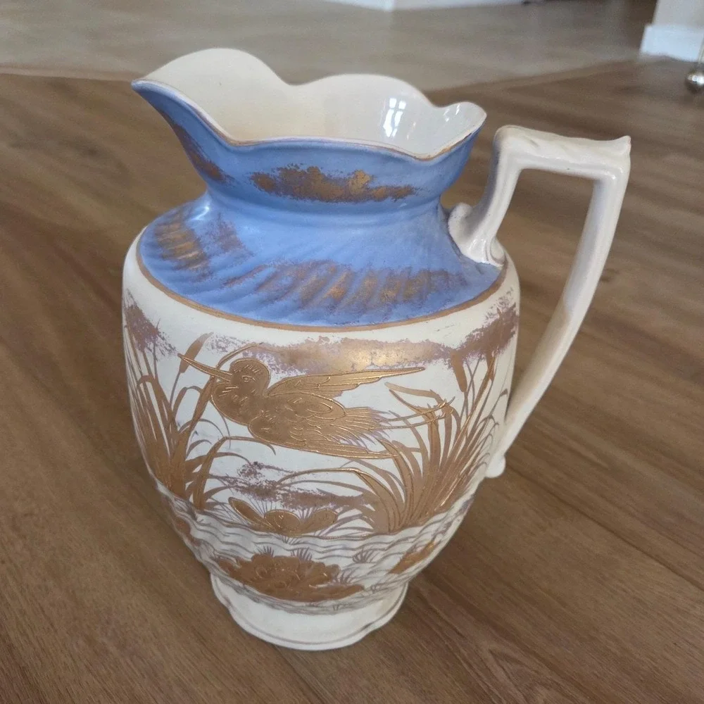 Antique 1888 Staffordshire Ceramic Pitcher Blue Gold‎ Bird Water Lily Floral